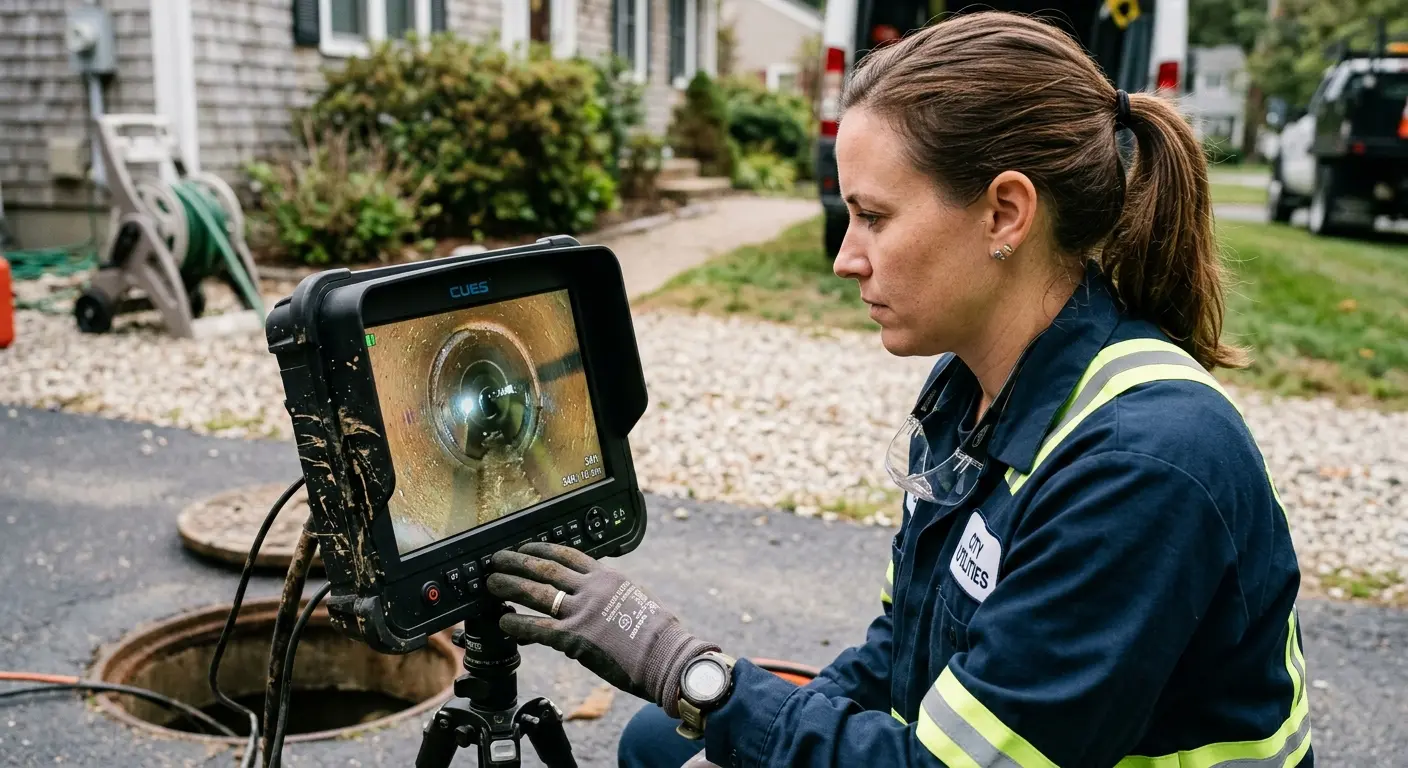 Technician reviewing sewer camera inspection footage in Cherryville