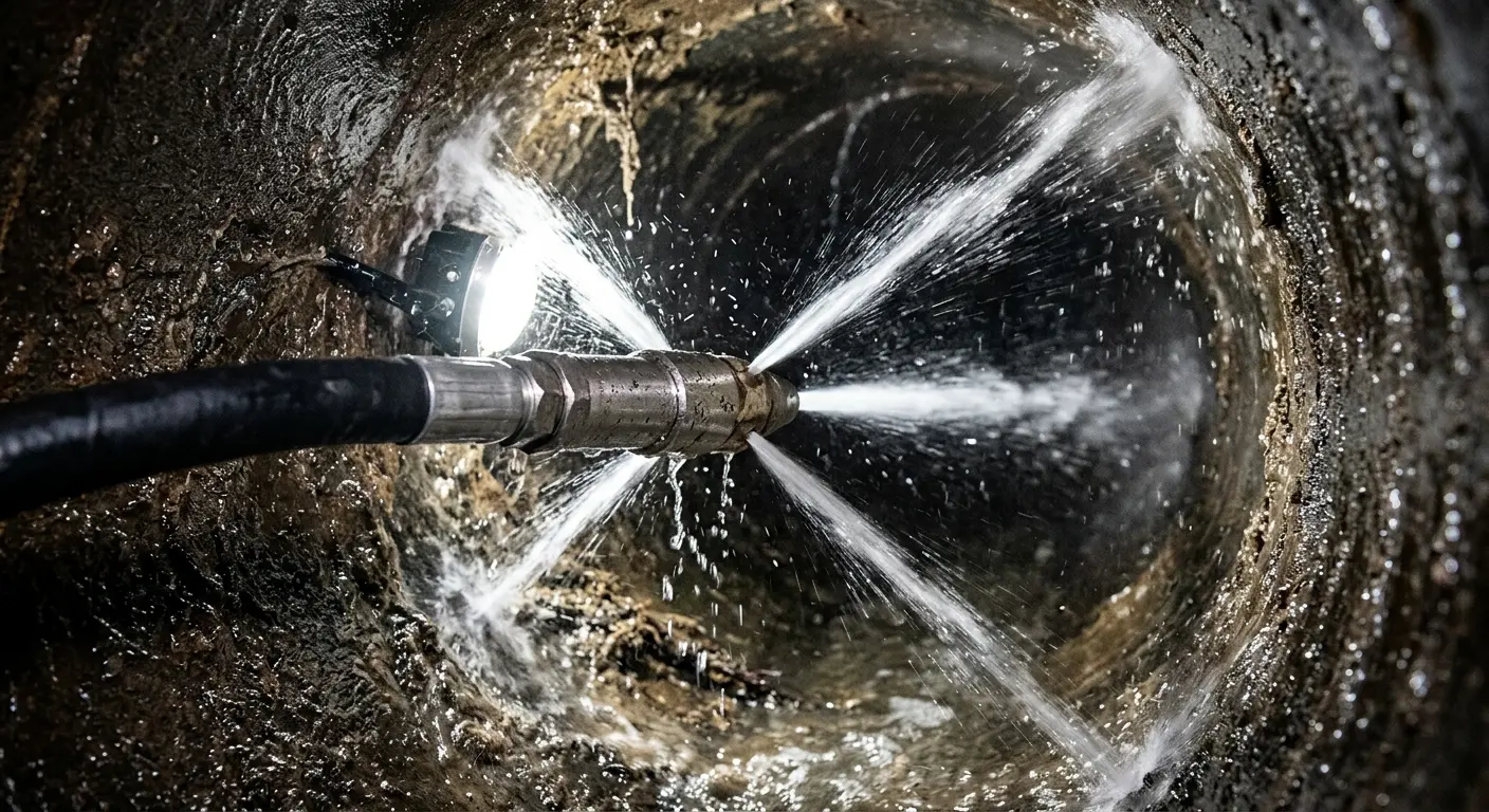 High-pressure hydro jetting nozzle cleaning sewer pipe for Emergency Drain Service in Cherryville