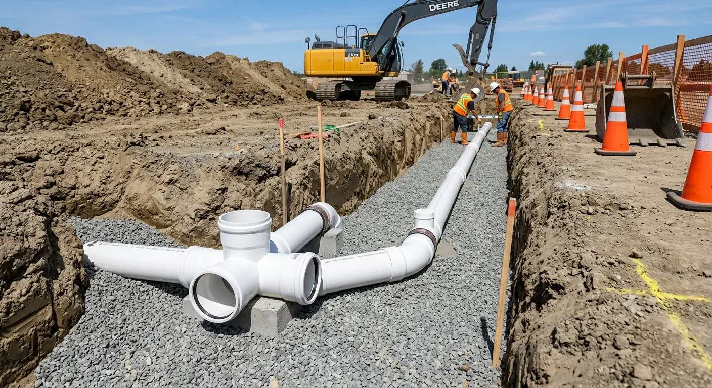 New PVC sewer pipe installation in open trench for Sewer Backup in Cherryville